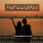 True Love Poetry in Urdu romantic couplet written in elegant Urdu calligraphy on a soft pink background